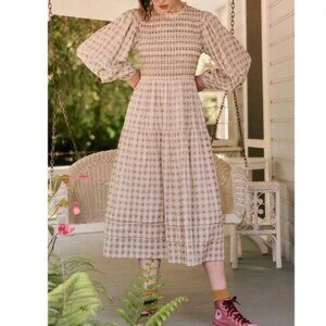 THE GREAT. Plaid Midi Long-Sleeve Smocked The Contessa Dress Sz 0/XS